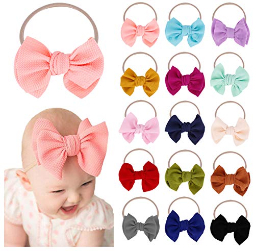 Product Cover Baby Girl Nylon Headbands Newborn Infant Toddler Bow Hairbands Soft Headwrap Children Hair Accessories (15pcs-orange/red/blue)