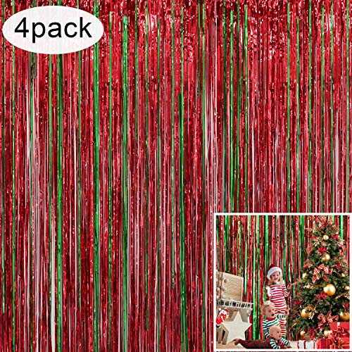 Product Cover 4 Pack Christmas Decoration Backdrop - 3 ft x 8 ft Foil Fringe Curtains Tinsel Curtain Party Photo Backdrop for Birthday Xmas Holiday Party Decor