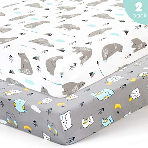 Product Cover Stretchy-Crib-Sheets-Set-BROLEX 2 Pack Portable Crib Mattress Topper for Baby Boys Girls,Ultra Soft Jersey Knit,Owl & Bear
