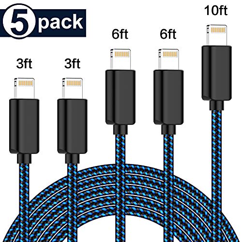 Product Cover iPhone Charger AIOXQNL MFi Certified Lightning Cable 5 Pack?3/3/6/6/10FT? Compatible iPhone Xs/Max/XR/X/8/8Plus/7/7Plus/6S/6S Plus/SE/iPad/Nan More-Black