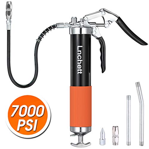 Product Cover Lnchett Grease Gun, Professional Pistol Grip Grease Gun with 18 Inch Flex Hose, 2 Reinforced Coupler, 7000 PSI