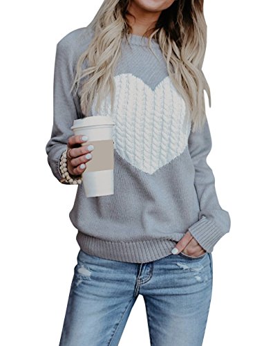 Product Cover Cogild Women's Pullover Sweater Long Sleeve Crewneck Cable Knit Heart Cute Sweater Grey