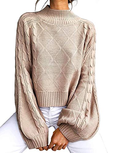 Product Cover Women's Mock Turtleneck Lantern Sleeve Cable Knit Pullover Sweater Tops