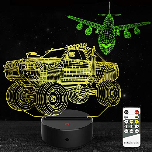 Product Cover Car Night Light 3D Lamp Airplane Toys Gifts for Kids Boys Girls 7 Colors Changing Touch & Remote Control Night Lights Birthday Christmas Gifts for Age 1 2 3 4 5 6 7+ Year Old Kids Boys