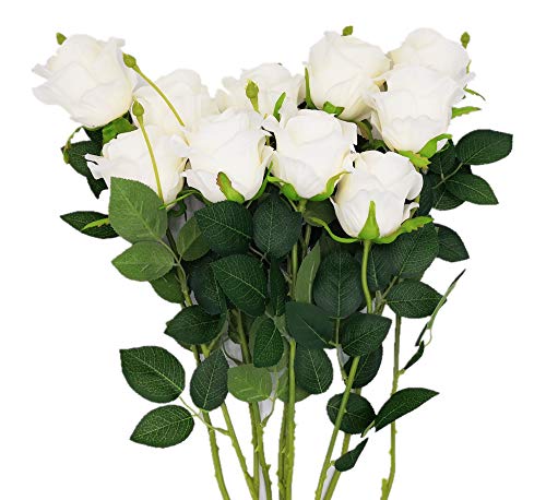 Product Cover AnotherGifts Artificial Silk Rose Flower Bouquet Home Decor Wedding Party, Rose Artificial Flowers Pack of 10 (Off White)