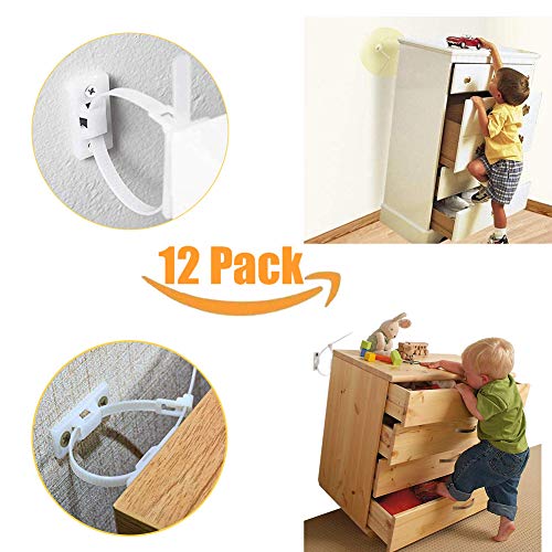 Product Cover Furniture Straps Baby Proofing Anti Tip Walls (12 Pack) Proofing Anchors Kit Adjustable Child Safety Earthquake Straps with Cabinet Wall Anchors for Secure Bookshelf, Cabinet, Dresser