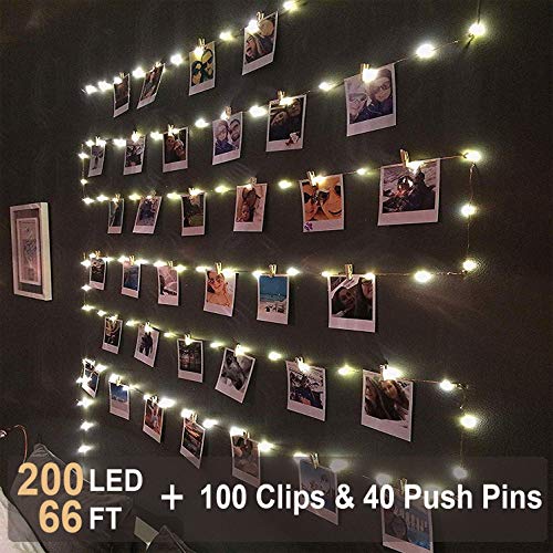 Product Cover MUMUXI 66Ft 200LED Photo Clip String Lights with 100 Clear Clips Copper Wire Fairy String Lights USB Powered with Switch for Hanging Pictures Dorm Bedroom Wall Wedding Party Christmas Decor,Warm White