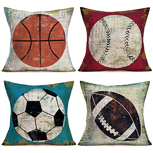 Product Cover Doitely American Ball Sports Cotton Linen Cushion Cover Retro Vintage Background Basketball Football Softball Rugby 18