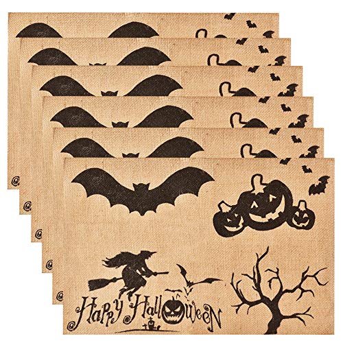 Product Cover Amajoy 6PCS Burlap Place Mat with Happy Halloween Letters,Witch Bat Pumpkin Place Mat Perfect for Halloween Decoration, Dinner Parties and Scary Movie Nights