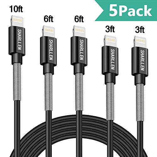 Product Cover SHARLLEN MFi Certified Lightning Cable Spring iPhone Charger Cable 5 Pack [3/6/10FT] USB Fast Charging & Data Sync Cord Long Charging Cable Compatible iPhone Xs/MAX/XR/X/8/8P/7/7P/6/iPad/iPod(Black)