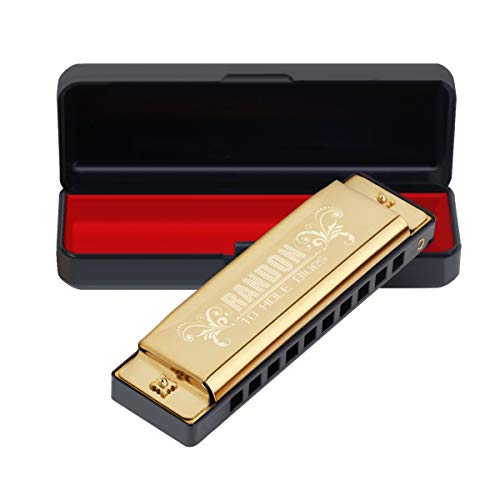 Product Cover Randon Harmonica, Blues Harmonica Key of C 10 Holes 20 Tones Mouth Organ C Harmonica for Kids, Adults, Beginners,Students (Gold)