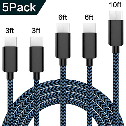 Product Cover USB Type C Cable 5Pack (3/3/6/6/10FT) Nylon Braided USB C Cable Fast Charger Charging Cord Compatible Samsung Galaxy S9 S8 Note 9 Note 8 Plus,LG V30 G6 G5 V20,Google Pixel, Moto Z2 and More