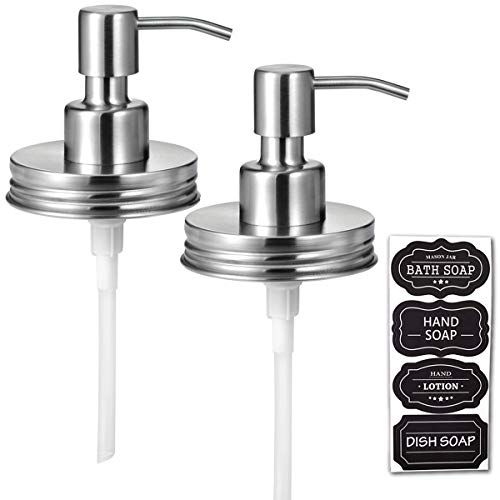 Product Cover Mason Jar Liquid Soap Dispenser Lids(2) -Premium Rust Proof Stainless Steel - Modern Farmhouse Decor for Kitchen & Bathroom, Liquid Soap Pumps for Hand Soap,Dish Soap, Lotions / Brushed Nickel-2 Pack