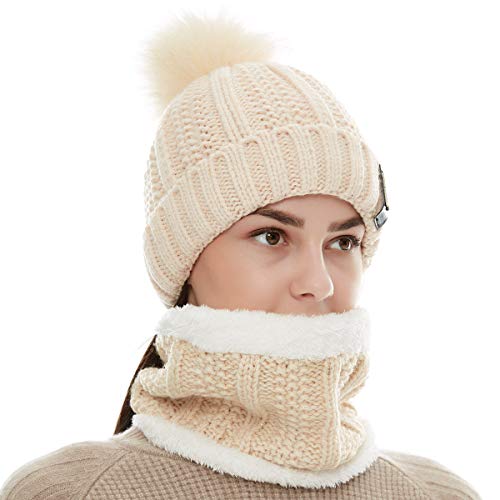 Product Cover Women Slouchy Knit Beanie Hat Scarf Set, Girls Cute Pom Slouchy Hat, Winter Soft Stretch Warm Ski Cap with Fleece Lined Beige