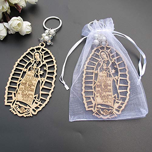 Product Cover 12Pcs Baptism Our Lady of Guadalupe Wood Design Keychain Baptism Favors for Boy or Girl Recuerdos de Bautizo Christening Favor with Organza Gift Bag
