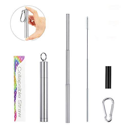 Product Cover Reusable Straws Telescopic Collapsible Reusable Straws Stainless Steel Metal Straws Drinking Reusable Straw with Case Cleaning Brush Carabiner Silicone Tips Keychain