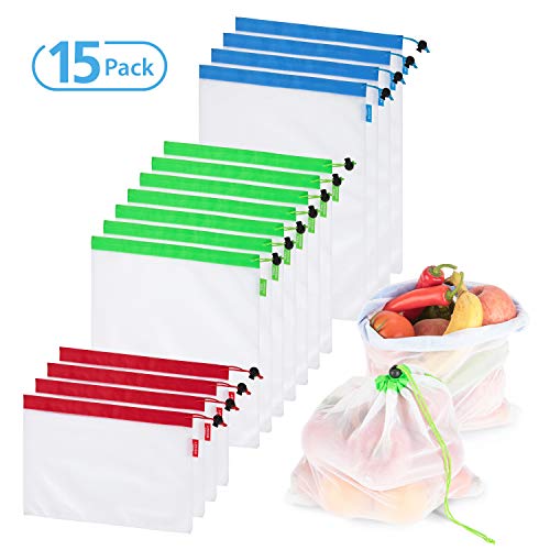 Product Cover Reusable Mesh Produce Bags Set Of 15 Pcs,3 Sizes Eco-Friendly, Lightweight Washable and See Through -With Double Stitched Strength & Colorful Tare Weight
