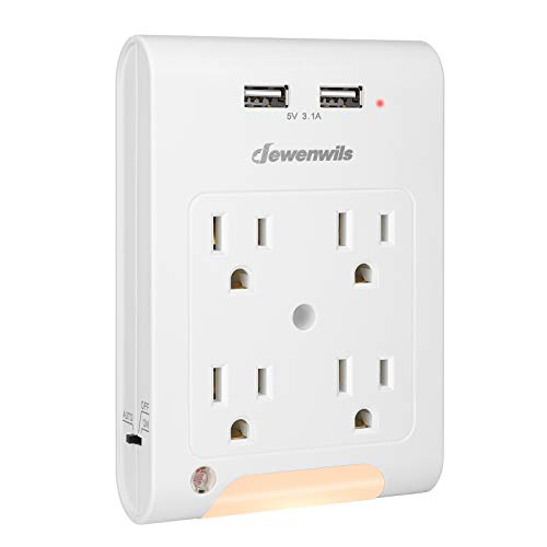 Product Cover DEWENWILS Multi Outlet Adapter with 2 USB Charging Ports (3.1A total), Light Sensor LED Night Light, 4 Outlets Wall Plug Extender for Travel/Home, 1080 Joules Surge Protector, ETL Listed, White