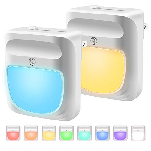 Product Cover Plug-in Night Light for Kids Dimmable - RGB Color Changeable LED Nightlight with Dusk to Dawn Sensor, Warm White Night Lamp for Baby Room, Bedroom, Hallway, Kitchen, Bathroom, Stairs (RGB 2PC)