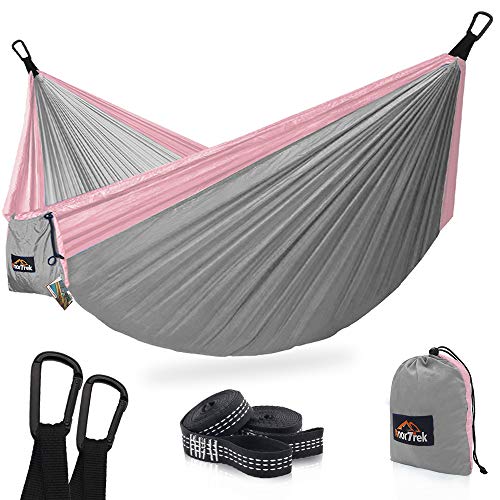 Product Cover AnorTrek Camping Hammock, Super Lightweight Portable Parachute Hammock with Two Tree Straps (Each Two Loops), Single & Double Nylon Hammock for Camping Backpacking Travel Hiking (Gray&Pink)