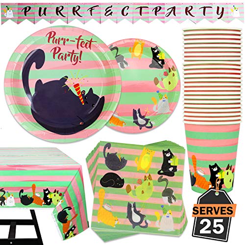 Product Cover 177 Piece Cat Theme Party Supplies Set Including Banner, Plates, Cups, Napkins, Tablecloth, Spoon, Forks, and Knives, Serves 25