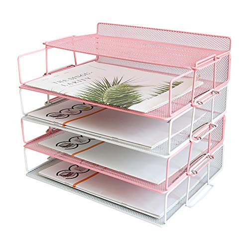 Product Cover 4 Tier Reinforce Stackable Paper Document Letter Tray Desk Organizer, New Design Metal Mesh File Holder Organizer for Home Office School, Folders Letters Paper Storage Pink (Color)