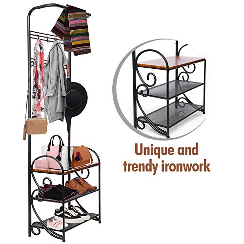Product Cover OMISHOME Heavy Duty Coat Shoe Bench - Shoe and Coat Rack Iron and Durable Wood - Elegant Design Bench in Matte Black - Great as a Gift!