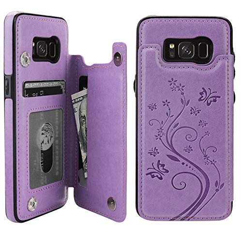 Product Cover S8 Case Wallet with Card Holder, Vaburs Embossed Butterfly Premium PU Leather Double Magnetic Buttons Flip Shockproof Protective Case Cover for Samsung Galaxy S8 (Purple)
