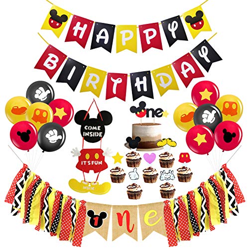 Product Cover Mickey Mouse First Birthday Party Decorations , Mickey Mouse Happy Birthday Banner, Mickey Mouse One Highchair Banner, The One Cake Topper and 12 Pcs Latex Balloons for Baby Gilr Boy Mickey Mouse Theme 1st Birthday Party Supplies Decoration