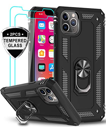 Product Cover LeYi iPhone 11 Case with Tempered Glass Screen Protector [2 Pack], Military Grade Armor Phone Cover Case with Ring Magnetic Car Mount Kickstand for Apple iPhone 11 6.1 inch, Black