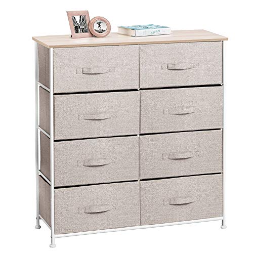 Product Cover mDesign Vertical Dresser Storage Tower - Sturdy Steel Frame, Wood Top, Easy Pull Fabric Bins - Organizer Unit for Bedroom, Hallway, Entryway, Closets - Textured Print - 8 Drawers - Linen/Tan