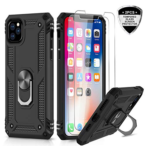 Product Cover iPhone 11 Pro Max Case with Tempered Glass Screen Protector [2Pack], LeYi Military Grade Armor Phone Cover Case with Ring Magnetic Car Mount Kickstand for Apple iPhone 11 Pro Max 6.5 inch, JSFS Black