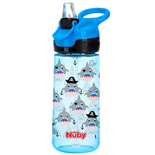 Product Cover Nuby Push Button Flip-it Soft Spout Tritan Water Bottle, Blue Sharks, 18 Oz