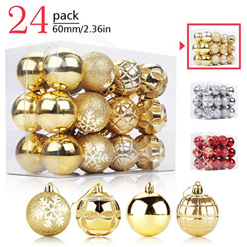 Product Cover Aitsite 24 Pack Christmas Tree Ornaments Set 2.36 inches Mini Shatterproof Holiday Ornaments Balls for Christmas Decorations (Personalized Gold)