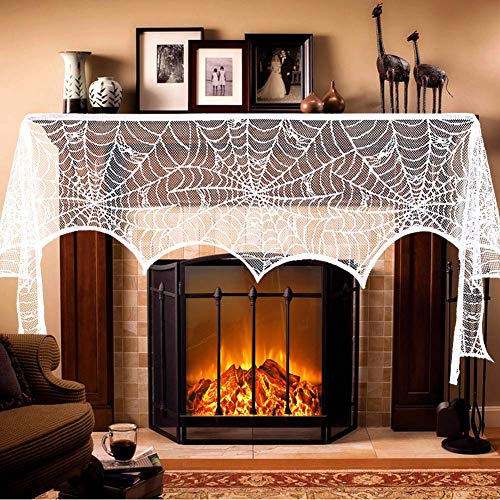 Product Cover Aytai Halloween Decoration White Lace Spiderweb Mantle Scarf Cover for Halloween Decor, 18 x 96 Inch