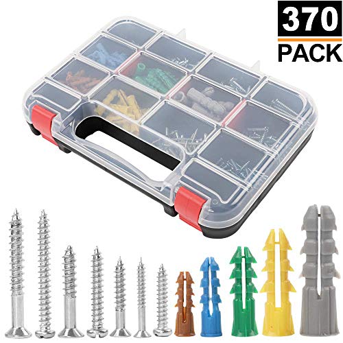 Product Cover HongWay 370pcs Plastic Ribbed Drywall Anchor Kit with Screws, Includes 5 Different Size Anchors and Screws