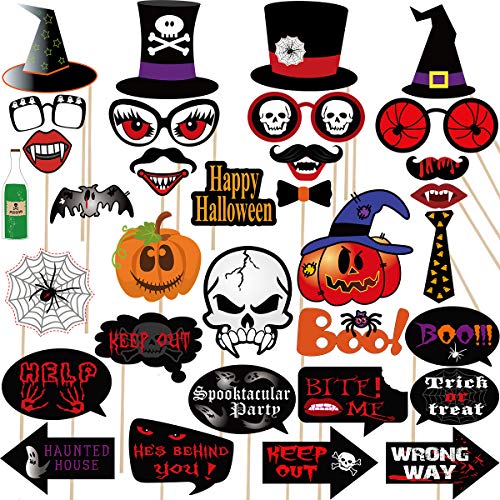 Product Cover 2019 Halloween Large Photo Booth Props(35pcs) for Halloween Party Supplies, Creepy Costume Props with Sticks for Halloween Decorations, Black, Red Trick or Treat Décor Favor