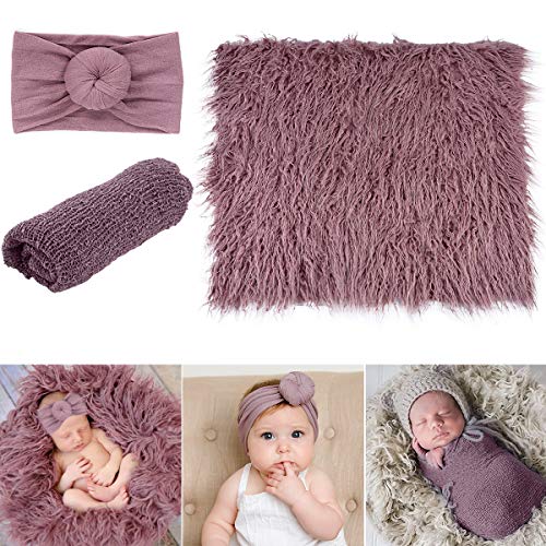 Product Cover Newborn Baby Photography Props, Lufebuy 3PCS Long Ripple Wraps DIY Blanket Outfits Bows Headband Photo Props Mat Rug for Boys Girls(Purple)