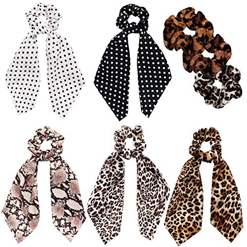 Product Cover Scarf Scrunchies Women Hair Ties - Satin Silk Hair Scarves Scrunchys Bow Leopard Ribbon Scrunchy with Tails For Thick Hair No Crease Accessories Soft Ropes Ponytail Holder with Designs Long Ponytail H