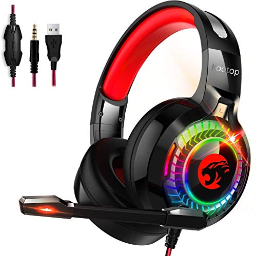 Product Cover Kootop Gaming Headset for Xbox One,PS4,PC,Noise Cancelling Over Ear Headphones with Mic,RGB Light,Volume-Control, Bass, Soft Memory Earmuffs for Laptop Mac Nintendo Switch Games(Black&Red)
