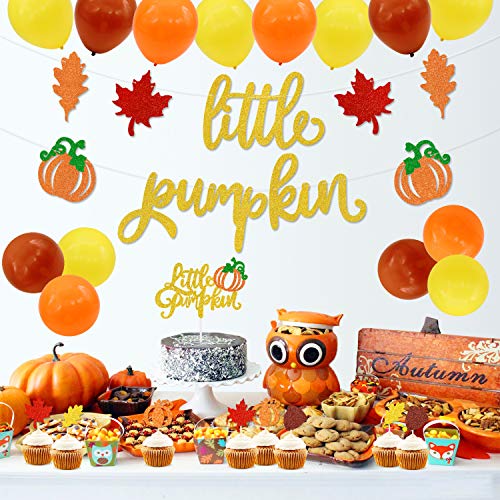 Product Cover Little Pumpkin Party Decorations, Pumpkin Cake Topper Pumpkin Banner Latex Balloons for Fall Baby Shower Baby Boys Girls Birthday Party Supplies