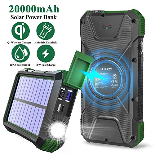 Product Cover Solar Charger Power Bank 20000mAh, 18W QC3.0 and PD Fast Charging Portable Outdoor Wireless Charger 10W/7.5W/5W with 4 Outputs & Dual Inputs, External Battery IPX5 Waterproof with Flashlight Compass