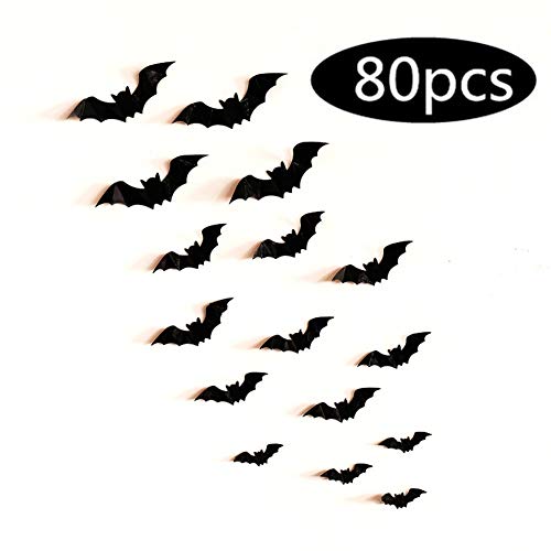 Product Cover Fashionwu 3D Bats Stickers, Halloween Party Supplies Waterproof Scary Bats Wall Decals DIY Home Window Decor, Removable Bats Stickers for Indoor Outdoor Halloween Wall Decorations - 80pcs