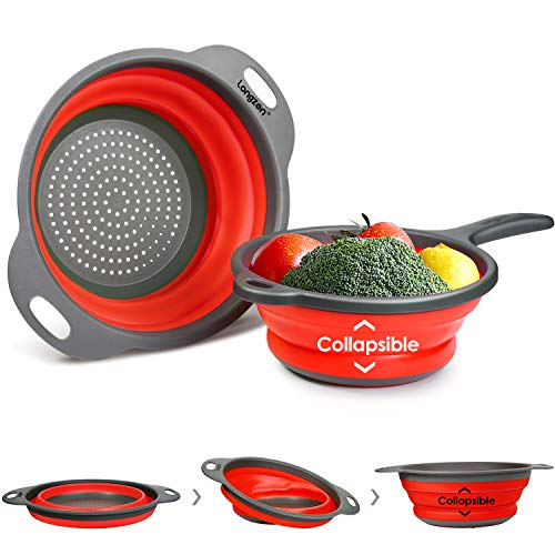 Product Cover Longzon 2 Collapsible Colander Strainer Set, Over the Sink Vegetable/Fruit Silicone Colanders Strainers with Extendable Handles 2 Quart and 9.5
