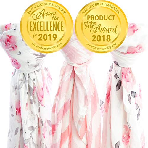Product Cover Muslin Swaddle Blanket Set 'Petal' Large 47x47 inch | Super Soft Breathable Swaddle Blankets | Peony Flowers and Floral | 3 Pack Girl Baby Shower Gift Bundle of Swaddles | 10,000 Wash Warranty