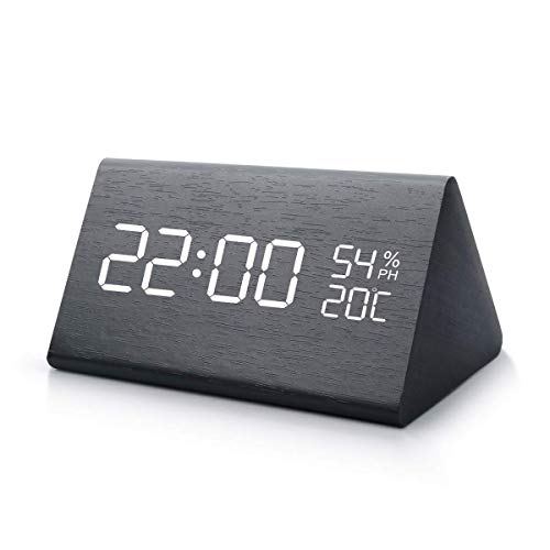 Product Cover MiToo Digital Alarm Clock, Adjustable Brightness Control Desk Wooden Alarm Clock, Display Time Temperature USB/Battery Powered for Bedroom, Office, Kids- Black