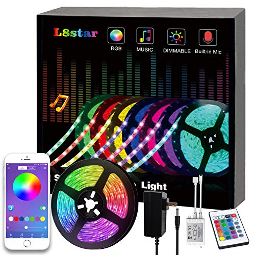 Product Cover LED Strip Lights, L8star RGB 5050 LEDs Color Changing Kit,24key Remote Control and Power Supply with Bluetooth Smartphone APP Controller for Home Kitchen Christmas Indoor Decoration（16.4ft)