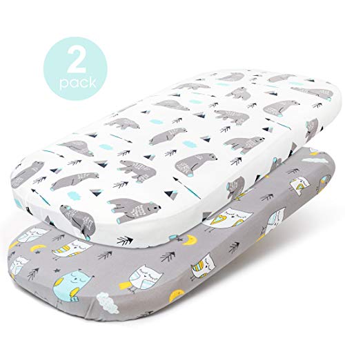 Product Cover Stretchy-Bassinet-Sheet-Set-BROLEX 2 Pack Snug Fitted Cradle Fitted Sheets for Bassinet Pads/Mattress, for Boys Girls,Unisex,Ultra Soft Breathable,Owl & Bear