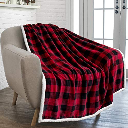 Product Cover PAVILIA Buffalo Check Sherpa Fleece Throw Blanket | Red Black Checkered Flannel Blanket | Christmas Plaid Warm Plush Microfiber Blanket for Couch Sofa | 50x60 Inches