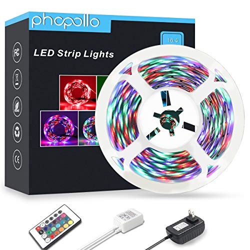 Product Cover PHOPOLLO LED Strip Lights, 16.4ft RGB Color Changing 3528 600LEDs Non-Waterproof Flexible LED Tape Light Kit with 24 Key IR Remote Controller and 12V Power Supply for Room, Bedroom and Xmas
